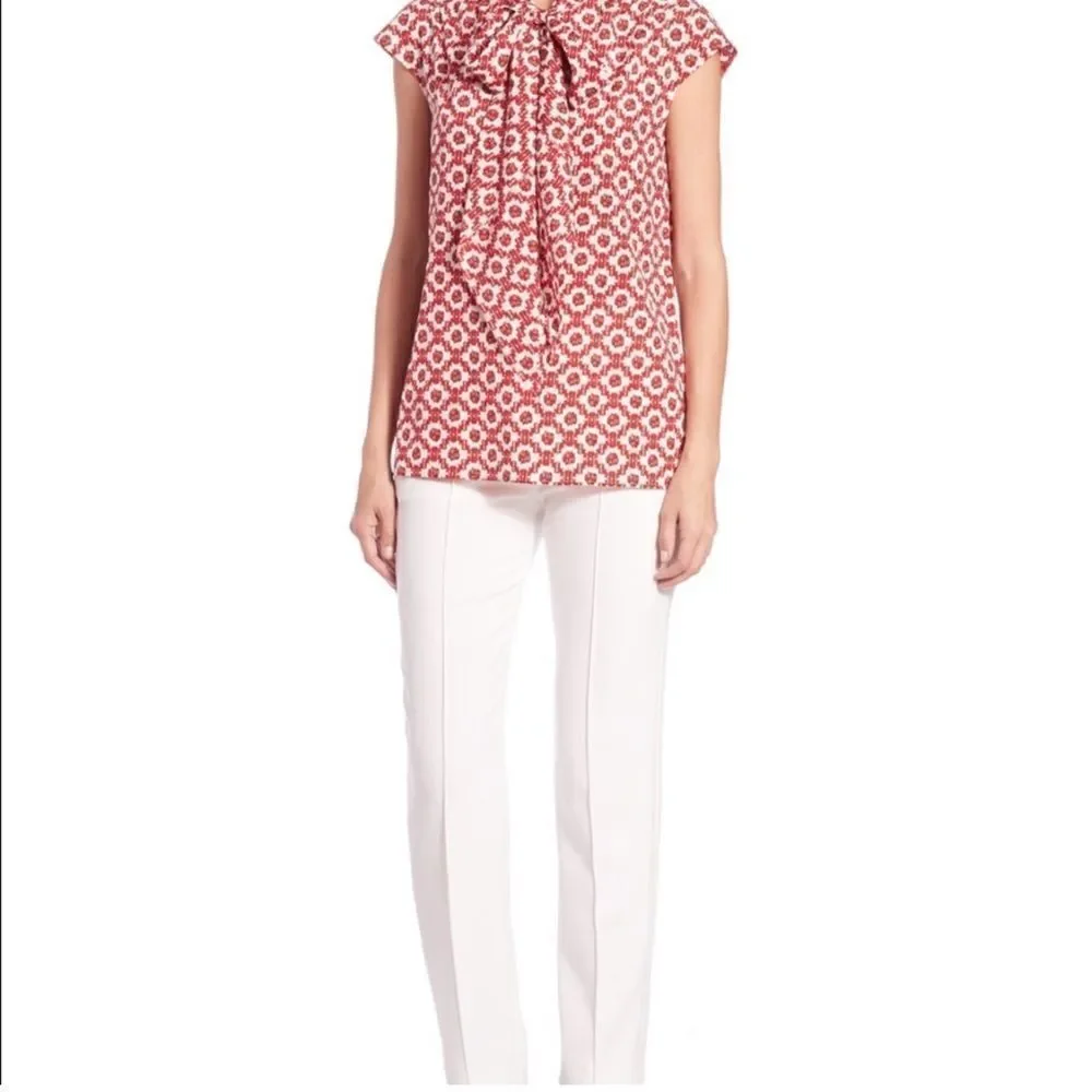 Tory Burch 10 Red White Pattern Cap Sleeve Neck Tie Silk Blouse